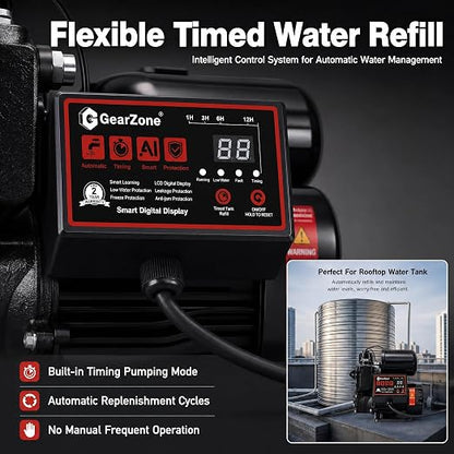 Intelligent Water Pressure Booster Pump 1000W Self-Priming Cold Hot Water Pump 36m Head Timing Control 4 Turbo Boost Full Copper Motor Multi Safety Protection for Home Tap Water Supply