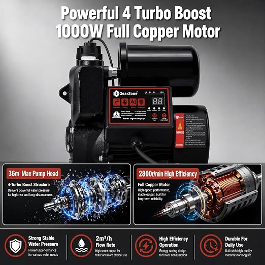 Intelligent Water Pressure Booster Pump 1000W Self-Priming Cold Hot Water Pump 36m Head Timing Control 4 Turbo Boost Full Copper Motor Multi Safety Protection for Home Tap Water Supply
