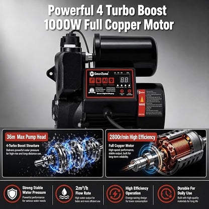 Intelligent Water Pressure Booster Pump 1000W Self-Priming Cold Hot Water Pump 36m Head Timing Control 4 Turbo Boost Full Copper Motor Multi Safety Protection for Home Tap Water Supply