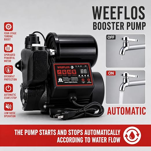Intelligent Water Pressure Booster Pump 1000W Self-Priming Cold Hot Water Pump 36m Head Timing Control 4 Turbo Boost Full Copper Motor Multi Safety Protection for Home Tap Water Supply