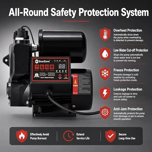 Intelligent Water Pressure Booster Pump 1000W Self-Priming Cold Hot Water Pump 36m Head Timing Control 4 Turbo Boost Full Copper Motor Multi Safety Protection for Home Tap Water Supply