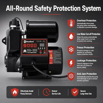 Intelligent Water Pressure Booster Pump 1000W Self-Priming Cold Hot Water Pump 36m Head Timing Control 4 Turbo Boost Full Copper Motor Multi Safety Protection for Home Tap Water Supply